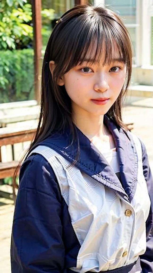 (masterpiece、Highest quality、Very detailed)、Hair color is deep dark brown、Soft Waves、
(Skin is smooth、Lightly reflects light、Healthy shine)、(The eyes are almond-shaped、eyes dark brown)、Long eyelashes、Flexible curls、Each one is clearly visible、Thin eyeliner、Natural eyelash shadow)、(Natural pink cheeks)、(Thick lips、smile)(Japanese in uniform、A white shirt with a distinctive sailor collar、Navy blue scarf)、(Summer clothes)、(Navy blue pleated mini skirt、inseam length)、(Beach、Pay attention to her whole body and facial expression)、(((Eye highlights and skin detail、Realistic details)))