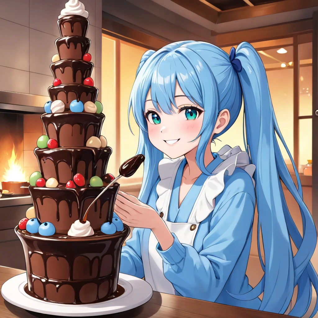 Light blue long hair、Beautiful girl with twin tails、Enjoying a large chocolate fondue tower、Bright smile