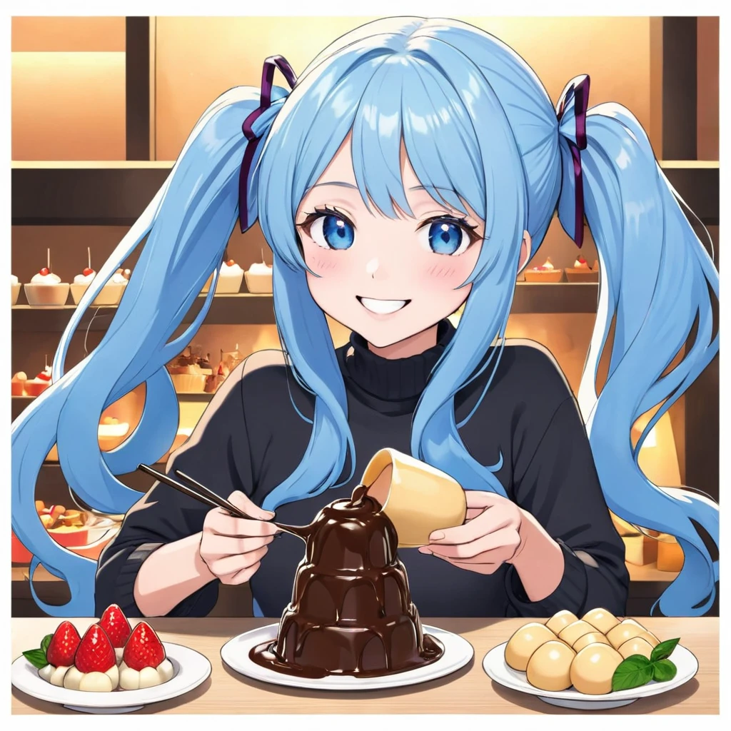 Light blue long hair、Beautiful girl with twin tails、Enjoying a large chocolate fondue tower、Bright smile