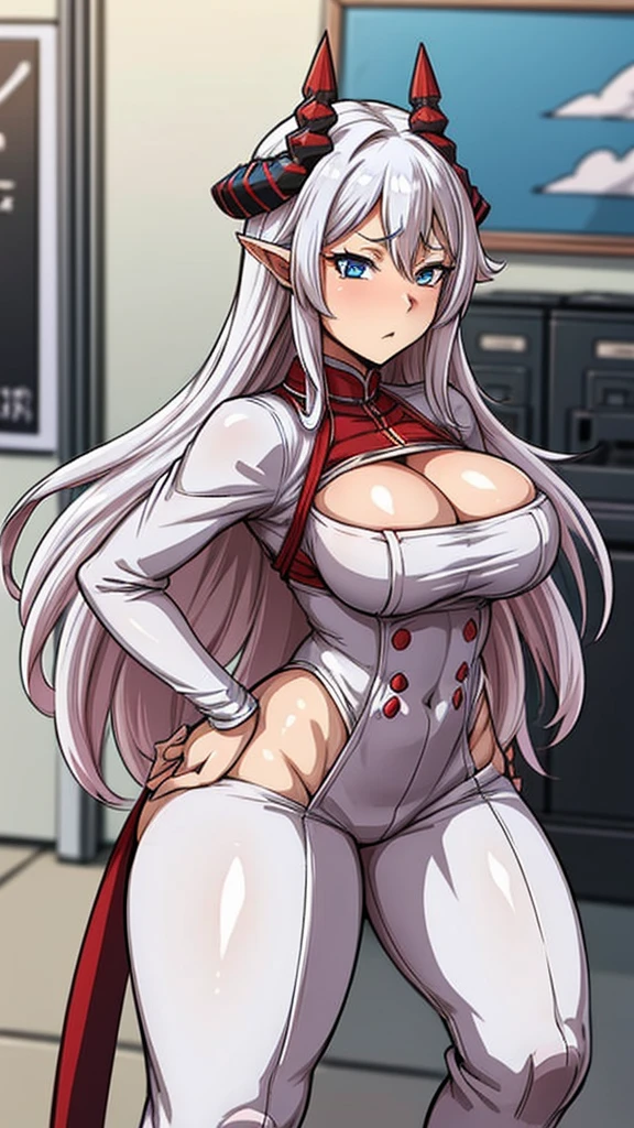 -Anime style- -High quality- -artwork- A beautiful woman, long white hair, bright blue eyes, red horns, tall body or build, with normal ears, VERY large breasts, butt big, wide waist, dressed in angelic or god clothes, angelic long pants, super giant body, looking at a small house with a surprised expression