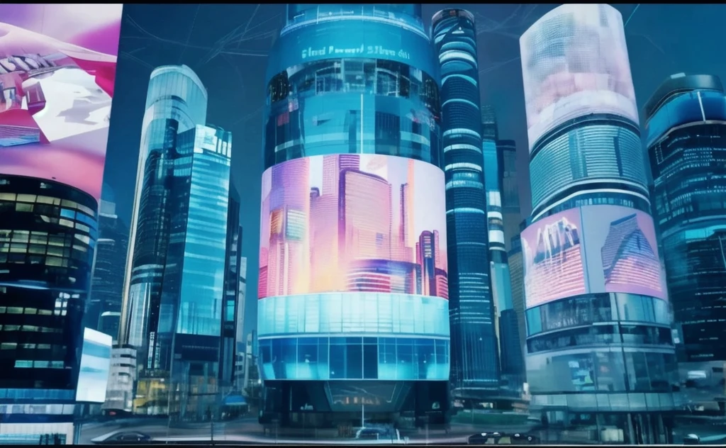 Future restaurant in 2075。Night view with flying cars and floating restaurants。The building has an organic shape、Colorful holographic advertisements scattered throughout。
