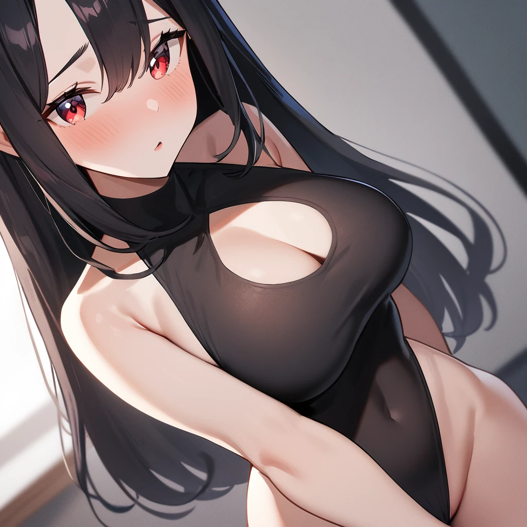 nsfw,slip,1 girl,Solo,pov,face,(high-leg_one-piece),sidecut,black hair,red eyes,long hair,Tsurime,Curvy,crotch,Wedgie,masterpiece, best quality, very aesthetic, absurdres,straight pubic_hair,medium shot,フレンチキス