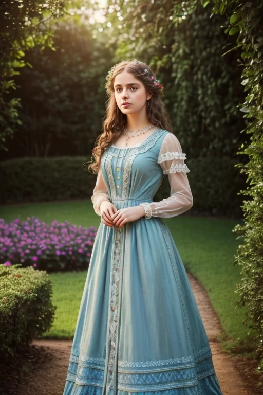 A beautiful young girl in a garden, brown curly hair, piercing blue eyes, delicate face, elegant long dress, 1900s victorian style, cinematic lighting, natural background, high quality, hyper realistic, intricate details, vivid colors, sharp focus, masterpiece