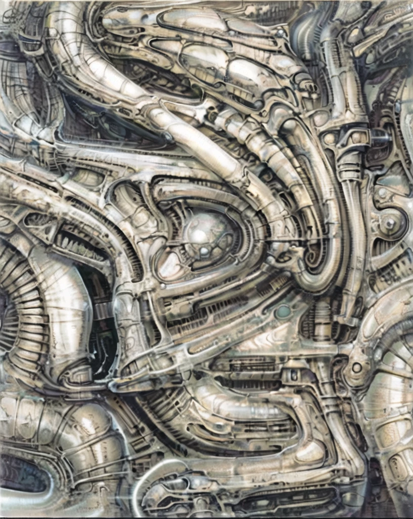 g1g3r, The image is a detailed view of H.R. Giger's \" Biomechanical Landscape No 312 \" plate, featuring a complex network of bones and organs in a purple-brown hue ,swirling gray and brown colors. The artwork is silver and purplish brown, with an ivory bones prominently displayed. The image is highly detailed and intricate, almost like a 3d version of a medical diagram (detailed view of an anatomy model, possibly of a human body, with transparent organs and bones exposed). The piece has a thick mechano-organic texture and is covered in fine details. The image has a swirling, organic quality to it. The artistic manner would be unmistakably Gigeresque. A dark and unsettling beauty would permeate the piece, blurring the lines between fascination and repulsion , forever haunted by the grotesque allure. Giger's signature artistic manner would be evident in every stroke. The airbrush would be wielded with masterful precision to create a hyperrealistic yet nightmarish aesthetic.
 The texture of ivory with signs of burning and fossilization can be seen in the mix of smooth and rough brushstrokes. By Peter mohrbacher, ooze soaked pajama top
