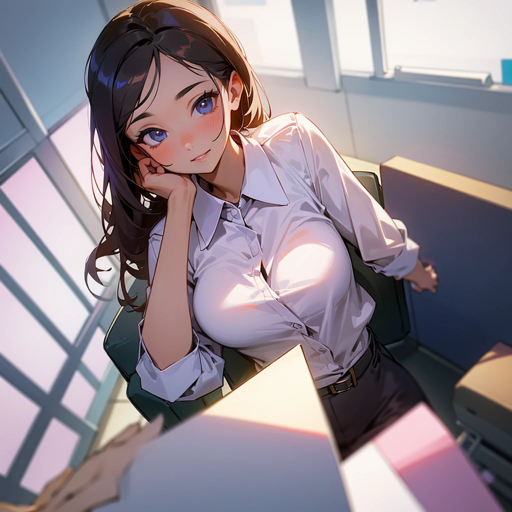 Beautiful girl is in an office, it's very hot, She looks like she's drenched in sweat., He has a red skirt and a white shirt, is sitting at the desk, his hands are on her waist, the belt is unfastened, In the office there is a window which is open, There are some books lying on the floor and others placed in the almanac