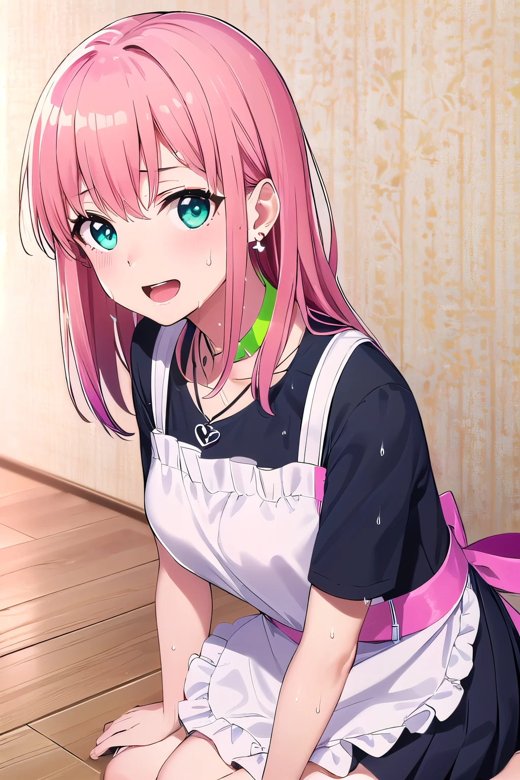 (8K, top-quality, masterpiece:1.2), (reallistic, Photorealsitic:1.37), Super Detail, One girl,), (Highly detailed), (beautifully detailed eyes), (of the highest quality), (super detailed ), (masterpiece), (Detailed face),20yr old, ,1 girl, ((pink hair,long hair)), medium breasts, clothed, Perfect Lighting, BREAK, (shiny neon pink green blue:1.5), (gradient color dress:1.4), (stars hearts glitter pattern:1.3), (glossy wet suit fabric:1.5), (short puffy sleeved bolero:1.2), (sheer lace trimmed camisole:1.2), (frilly sleeves sweetheart neckline blouse:1.3), (mini pleated skirt with apron belt:1.3), (bodycon fit silhouette:1.3), (knee high socks with frills:1.2), (clear platform loafers:1.2), (ribbon choker with charm:1.2), (star earrings heart necklace:1.2), (girly accessories:1.2), BREAK, (high quality:1.5), (upper body to knees:1.3), (long pink hair half up:1.2), (gentle smile:1.2), (slight blush:1.1), (turned head:1.1), (rolled up sleeves:1.2), (touching apron:1.2), (vintage wallpaper background:1.2), (soft natural light:1.2), BREAK (looking at viewer:1.5), (seiza:1.5), (sweat:1.5), (open mouth:1.2),