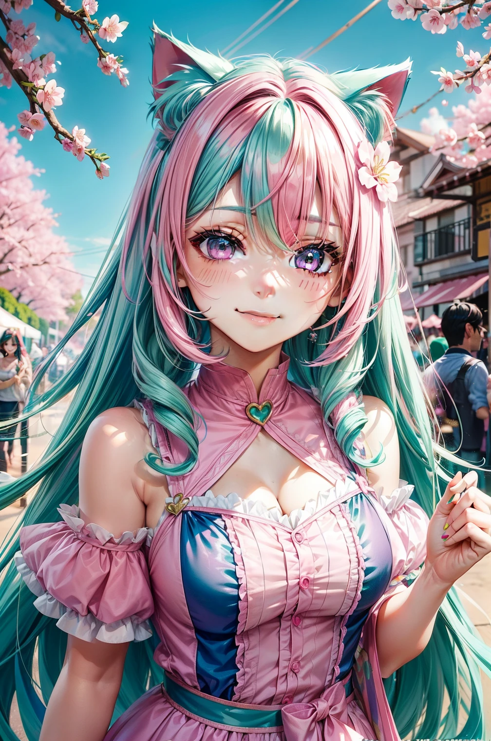 ((Pink green hair color)), pink eyes, woman, teal blue gold clothes,happy face, sexy outfit, cat ears, hearts, floating hearts, face only, long hair, smiling, cherry blossom, hair ornament, up close face, sexy clothes, sexy women , closed mouth smile, up close face