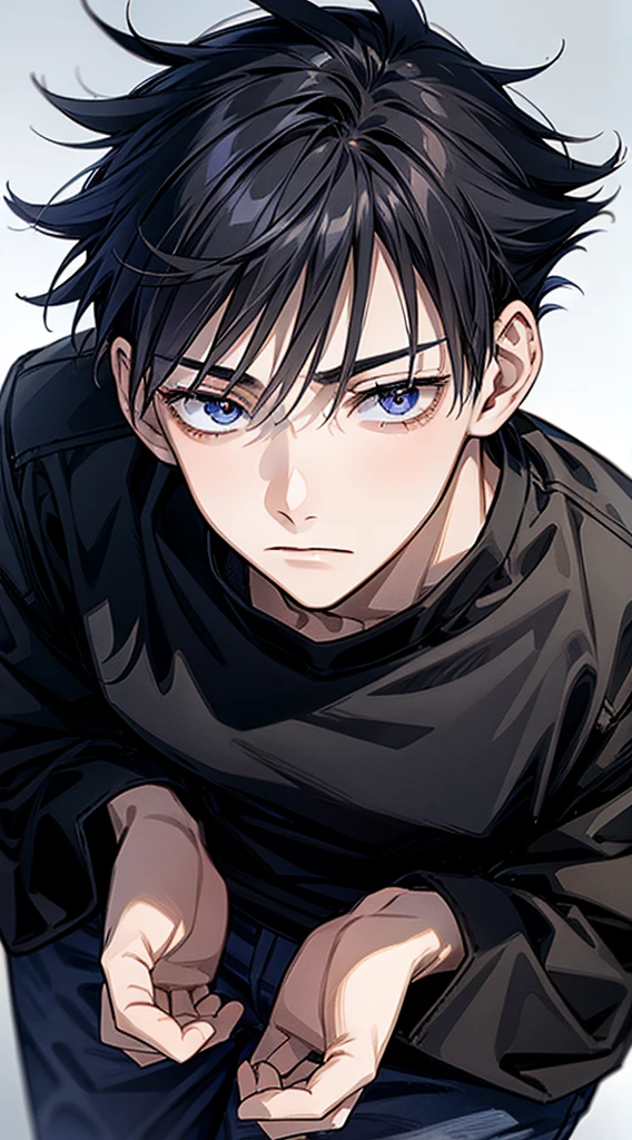 (masterpiece, best quality:1.2), (hyperdetailed face), (Super well-formed face), close up, face focus, solo, male focus, 1boy, megumi fushiguro, 15-years-old, black hair, dark blue eyes, beautiful pupils, beautiful detailed eyes, black t-shirt, black denim jeans, looking at viewer, beautiful blue sky, summer sky
