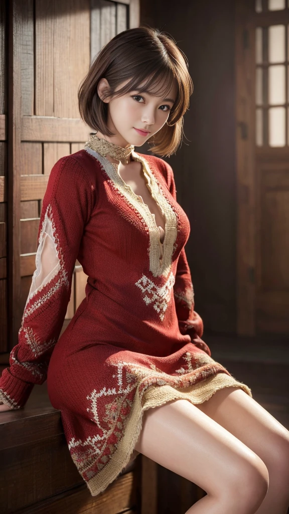 (masterpiece, Highest quality, Super detailed, Best Shadow:1.2), High resolution, ((Cinematic Light)), Hyper Detail, Dramatic Light, Intricate details, Dynamic Angle, (Highly detailed CG Unity 8k wallpaper:1.2), Shyness,
((masterpiece)), (Super detailed), (Highly detailed Unity 8k wallpaper), (Realistic Skin), (Realistic photos, Realistic, Photorealistic), Beautiful Japanese Women, (Red knitted dress:1.4), Beautiful Hair,Brown Hair, short hair,Beautiful Face, Delicate and beautiful eyes, smile,Beautiful feet, See through,Cowboy Shot