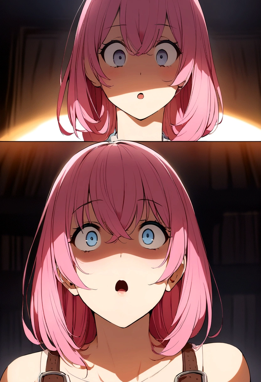 A scene from a movie、Bury your face in the man's crotch、Girl staring at her crotch、Interested in size、be surprised、Hold your breath、Pink Hair、Twin Drill