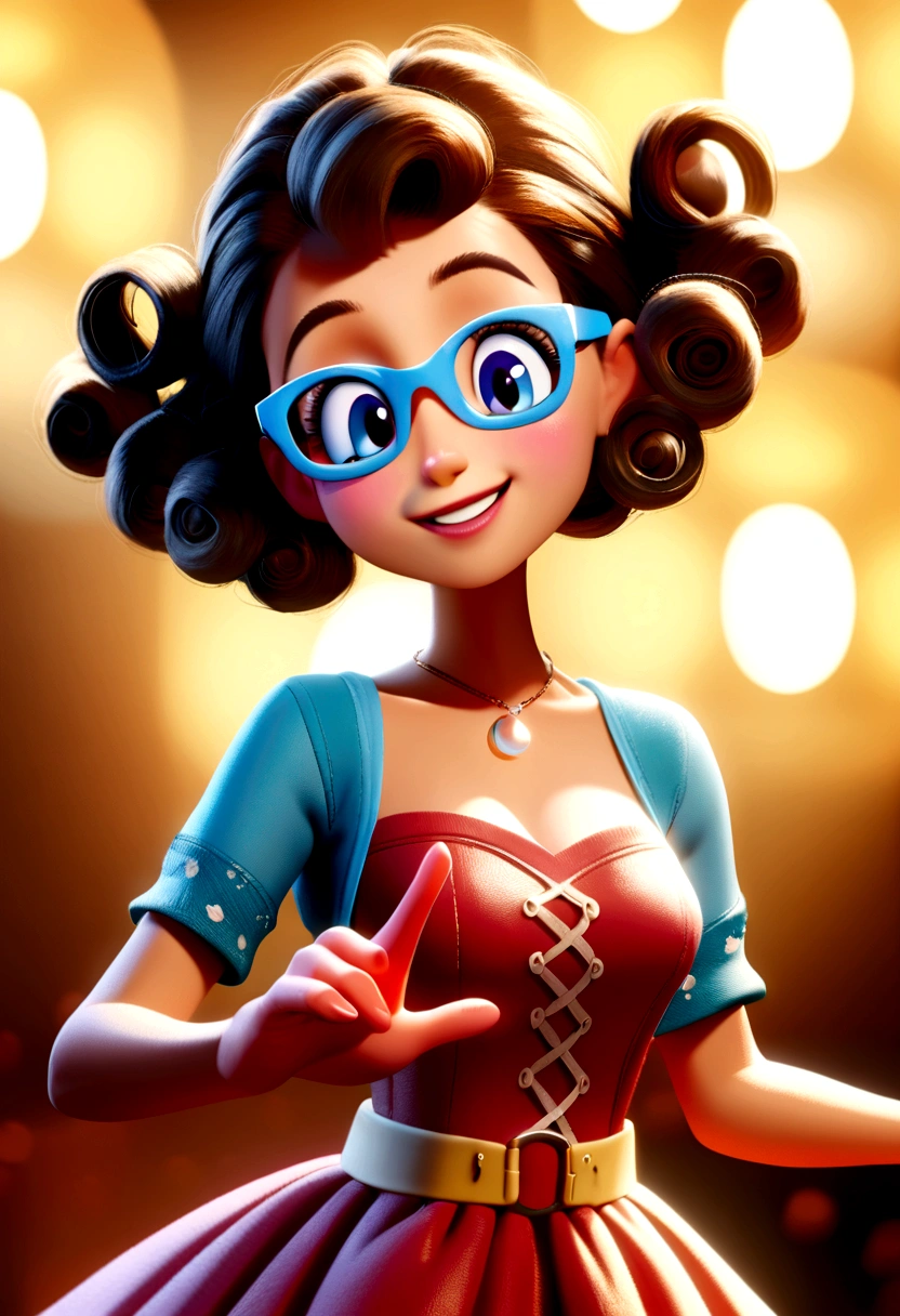 pixar style image with 3D character white glasses brunette woman short curly hair dancing, Disney makeup,Fisherman, beautiful, smiling ,close up, pixar, disney, cinema lighting, sexy