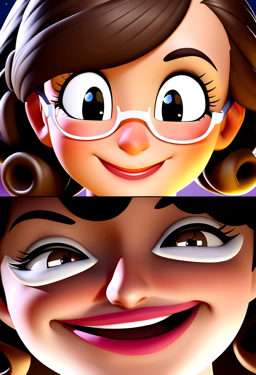 pixar style image with 3D character white glasses brunette woman short curly hair dancing, Disney makeup,Fisherman, beautiful, smiling ,close up, pixar, disney, cinema lighting, sexy