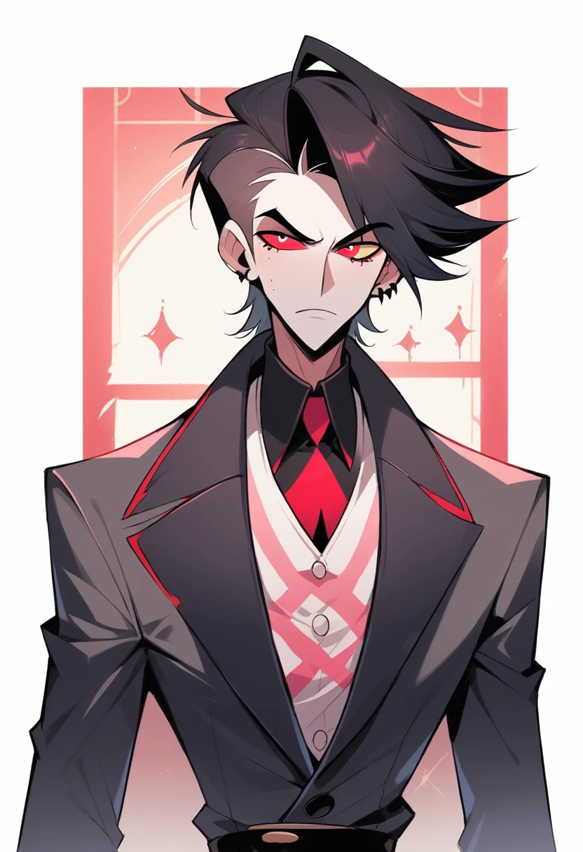 (masterpiece), best quality, expressive eyes, perfect face ,male focus, 1boy, solo, black hair, tall, slacks, collars shirt, waistcoat, Mark of Cain, Ruby eyes, stubble, furrowed brow, greying hair, Hazbin Hotel, Helluva Boss, Vivzipop style, Cain as a Sinner
