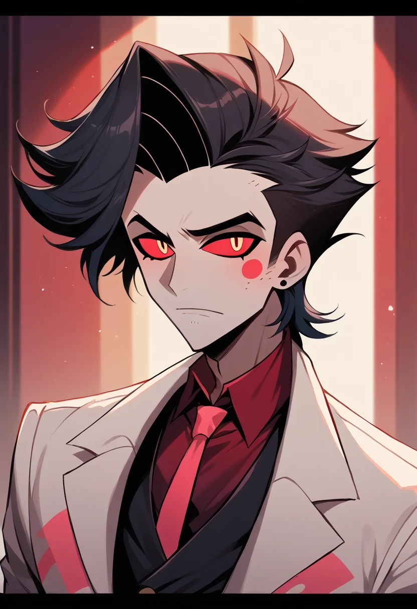 (masterpiece), best quality, expressive eyes, perfect face ,male focus, 1boy, solo, black hair, tall, slacks, collars shirt, waistcoat, Mark of Cain, Ruby eyes, stubble, furrowed brow, greying hair, Hazbin Hotel, Helluva Boss, Vivzipop style, Cain as a Sinner