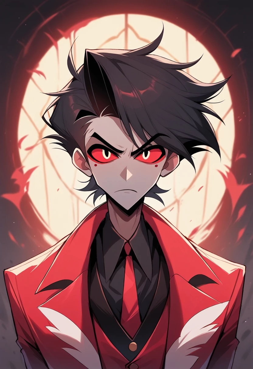 (masterpiece), best quality, expressive eyes, perfect face ,male focus, 1boy, solo, black hair, tall, slacks, collars shirt, waistcoat, Mark of Cain, Ruby eyes, stubble, furrowed brow, greying hair, Hazbin Hotel, Helluva Boss, Vivzipop style, Cain as a Sinner
