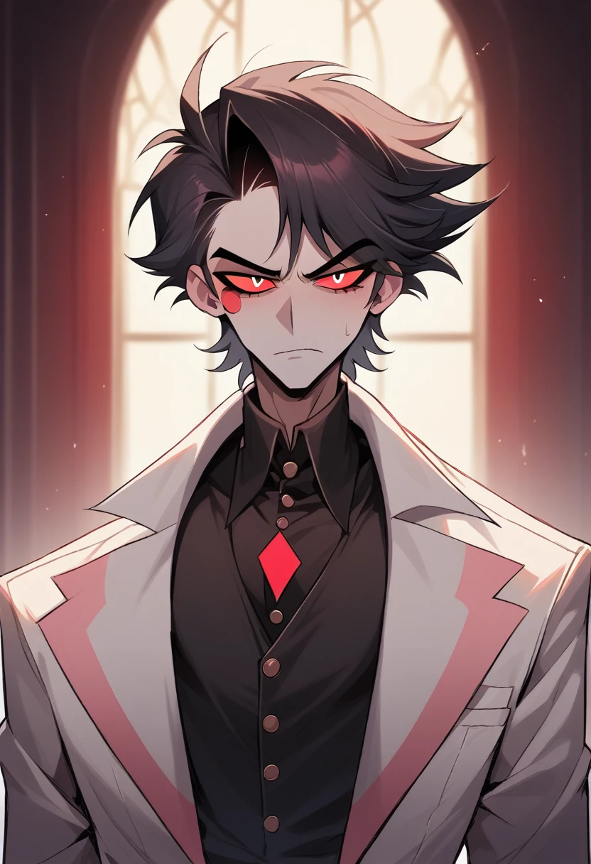 (masterpiece), best quality, expressive eyes, perfect face ,male focus, 1boy, solo, black hair, tall, slacks, collars shirt, waistcoat, Mark of Cain, Ruby eyes, stubble, furrowed brow, greying hair, Hazbin Hotel, Helluva Boss, Vivzipop style, Cain as a Sinner