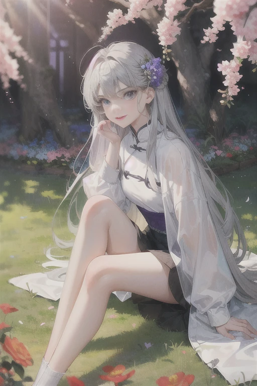 masterpiece, Excellent, daytime, outdoor, Falling Flowers, Branches, China人, China, 1 girl, Perfect Woman, Woman with long silver hair, Gray blue eyes, Light pink lips, Serious, ,Purple Eyes, White clothes, , Delicate face, Delicate face, Sitting Legs, Smile
