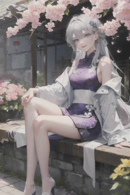 masterpiece, Excellent, daytime, outdoor, Falling Flowers, Branches, China人, China, 1 girl, Perfect Woman, Woman with long silver hair, Gray blue eyes, Light pink lips,  Serious, ,Purple Eyes, White clothes, , Delicate face, Delicate face, Sitting Legs, Smile