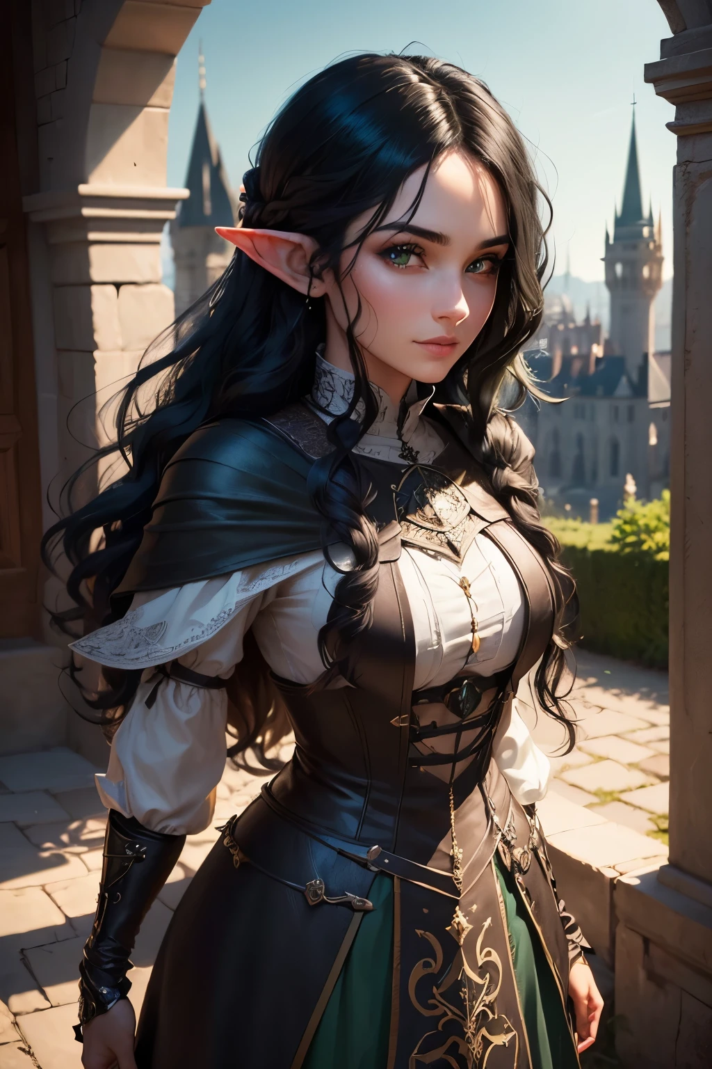 ((best quality)), ((masterpiece)), (detailed), Prize-winning works, with incredible details, maximum textures and details, uhd ,8K,super resolution ,depth of field, retina, masterpiece, anatomically correct, textured skin, super detail, high details, highres ,1 Medieval Fantasy RPG Female Elf Adventurer,hair in the wind,very long light black hair wavy braid ,((green black hair,)),shy smile,similar to the work of JRR Tolkien,black long cape ,lightweight armour,fully body, hyper-detailed piercing eyes , (25 year old young man :1.1,detailedeyes, face detailed, whole body:1.1,the background is a magnificent castle ),(best qualityer:1.2,ultra detali:1.1,realisitic:1.37) ,eyeshadows,sharp focus,swirly vibrant colors,)