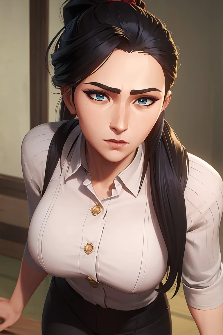 A high resolution, ultra detailed, HDR, masterpiece, very detailed face and eyes, confident expression, young woman, business style, trousers, blouse, long wheat hair, pulled back into a ponytail, 18 years, Squint, adult face, creative hairstyle, beautiful makeup with arrows, anime style tokyo avengers