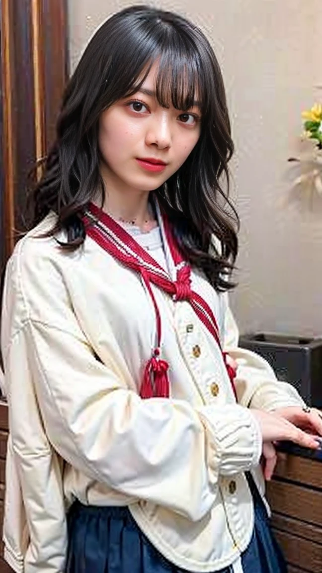 (masterpiece、Highest quality、Very detailed)、Hair color is deep dark brown、Soft Waves、
(Skin is smooth、Lightly reflects light、Healthy shine)、(The eyes are almond-shaped、eyes dark brown)、Long eyelashes、Flexible curls、Each one is clearly visible、Thin eyeliner、Natural eyelash shadow)、(Natural pink cheeks)、(Thick lips、smile)(Japanese in uniform、A white shirt with a distinctive sailor collar、Navy blue scarf)、(Summer clothes)、(Navy blue pleated mini skirt、inseam length)、(Beach、Pay attention to her whole body and facial expression)、(((Eye highlights and skin detail、Realistic details)))