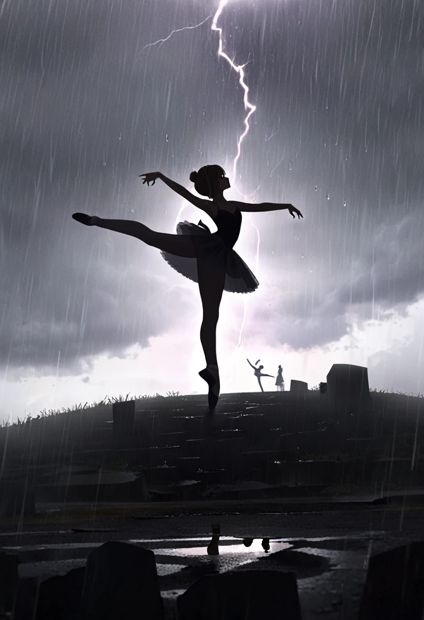 (masterpiece, best quality, super detailed), silhouette, Solo, A lady in tutu is dancing ballet on the hill, There is a small grave of her father on the hill, in the rain, Full body, Ballerina silhouette, ballet pose, Arabesque, heavy rain, rain drop, The raindrops hit wet body and shine, lightning, simple background, cinematic lighting