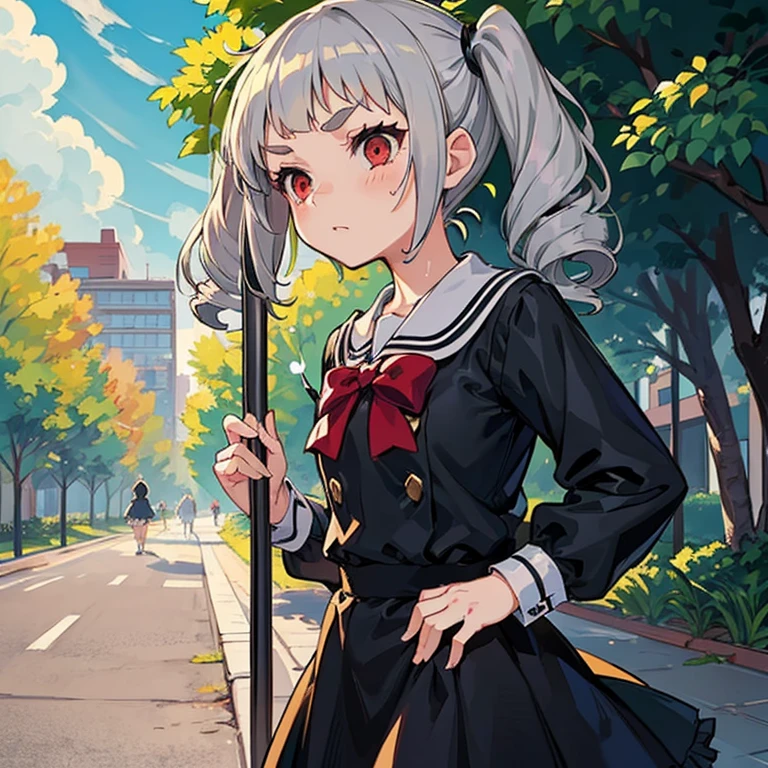 Young girl with grey hair, ((fringed and curly hair)),((curly short twintail)), curly hair ,(red eyes),, ((small bushy eyebrows)), wearing gothic ta clothing, loli, walking to school, bored look, bored face, , lifting her skirt to show her vagina wet with semen, having sex