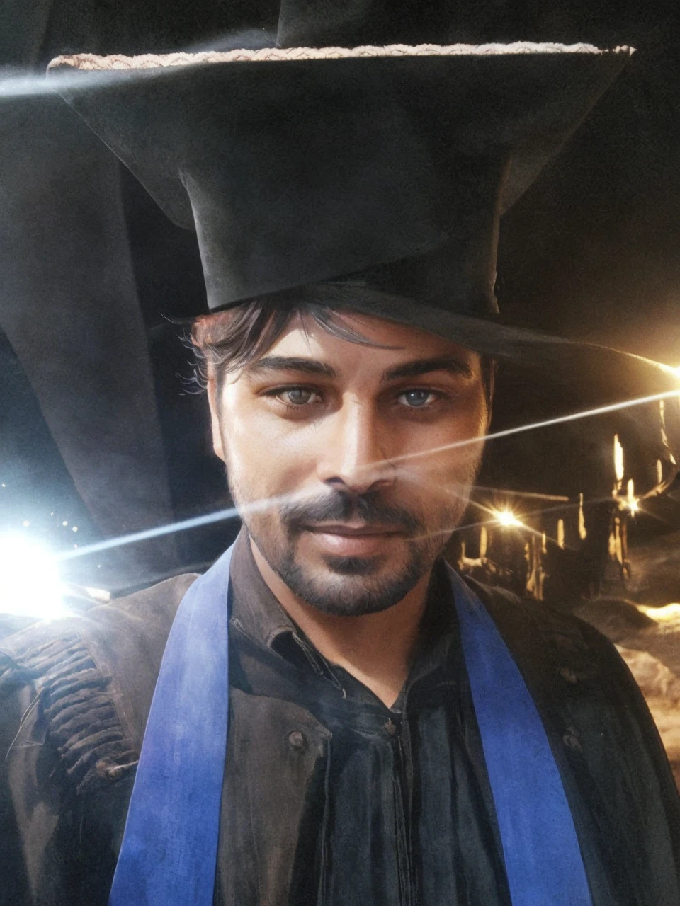 (a)gunslinger,man, cowboy hat,[wild west] scenery,sunlit desert,dusty road,cowboy boots,lonesome figure,smoldering eyes,toothy grin,(best quality),(realistic:1.37),portrait,western style,vivid colors,warm tones,backlit silhouette,shadowed face,Fantasy art, rpg,fantasy character,scars,Gun,revolver,pistol,smoke,