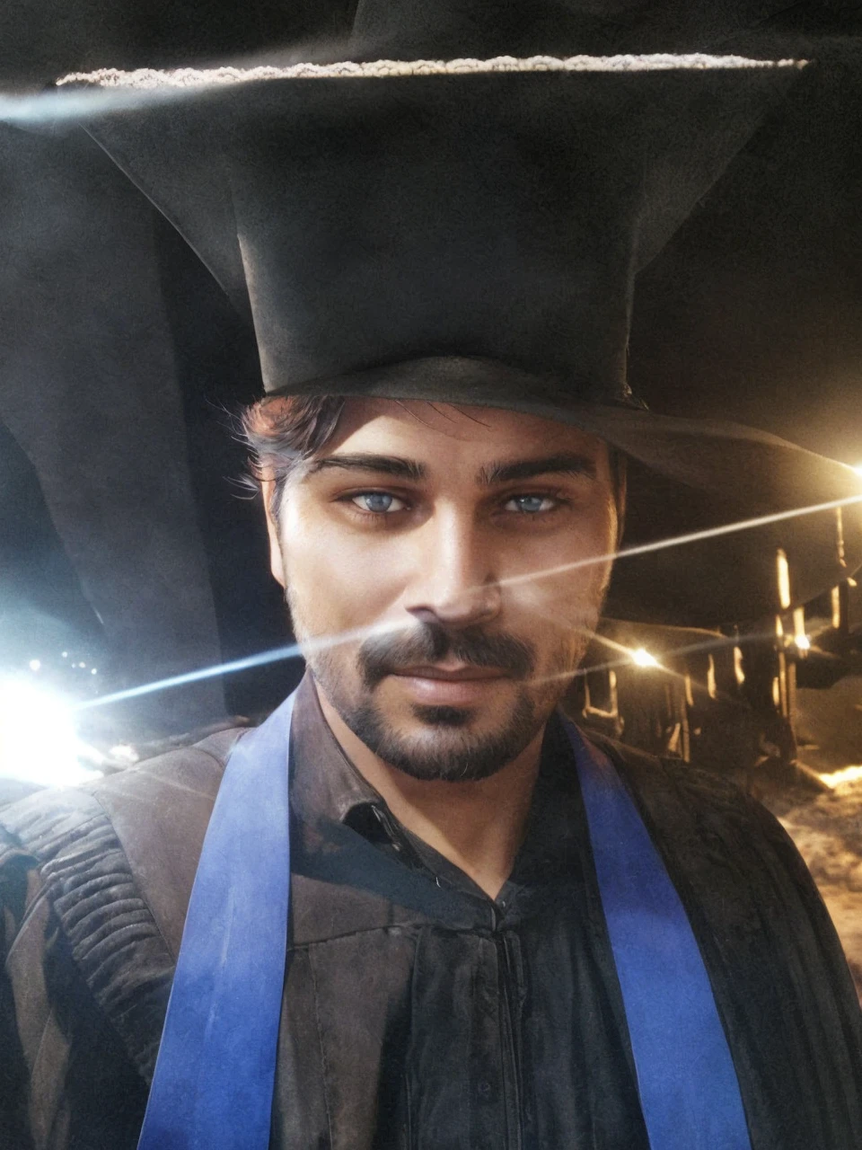 (a)gunslinger,man, cowboy hat,[wild west] scenery,sunlit desert,dusty road,cowboy boots,lonesome figure,smoldering eyes,toothy grin,(best quality),(realistic:1.37),portrait,western style,vivid colors,warm tones,backlit silhouette,shadowed face,Fantasy art, rpg,fantasy character,scars,Gun,revolver,pistol,smoke,