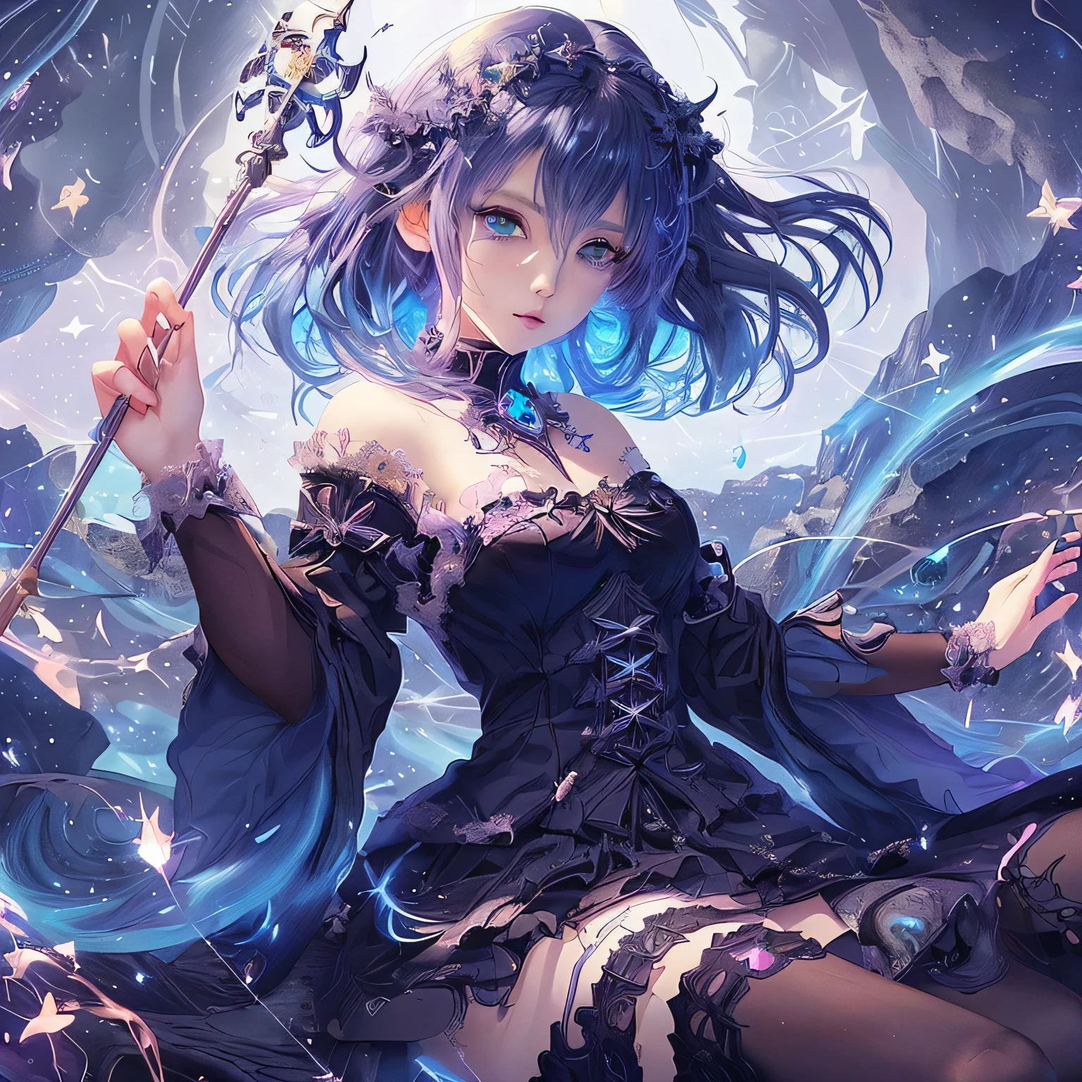 anime girl with a wand and a star in her hand, beautiful celestial mage, beautiful fantasy anime, anime style 4 k, anime fantasy artwork, anime art wallpaper 8 k, anime art wallpaper 4 k, anime art wallpaper 4k, 8k high quality detailed art, anime girl wearing a black dress, gothic maiden anime girl, anime fantasy illustration, detailed key anime art, epic light novel art cover, epic light novel cover art, , trending on , artgerm and genzoman, anime , , anime style 4 k, artgerm and ruan jia, kawacy, , best quality, (extremely detailed CG unity 8k wallpaper), (best quality), (best illustration), (best shadow), absurdres, realisticlighting, (Abyss), beautiful detailed glow,