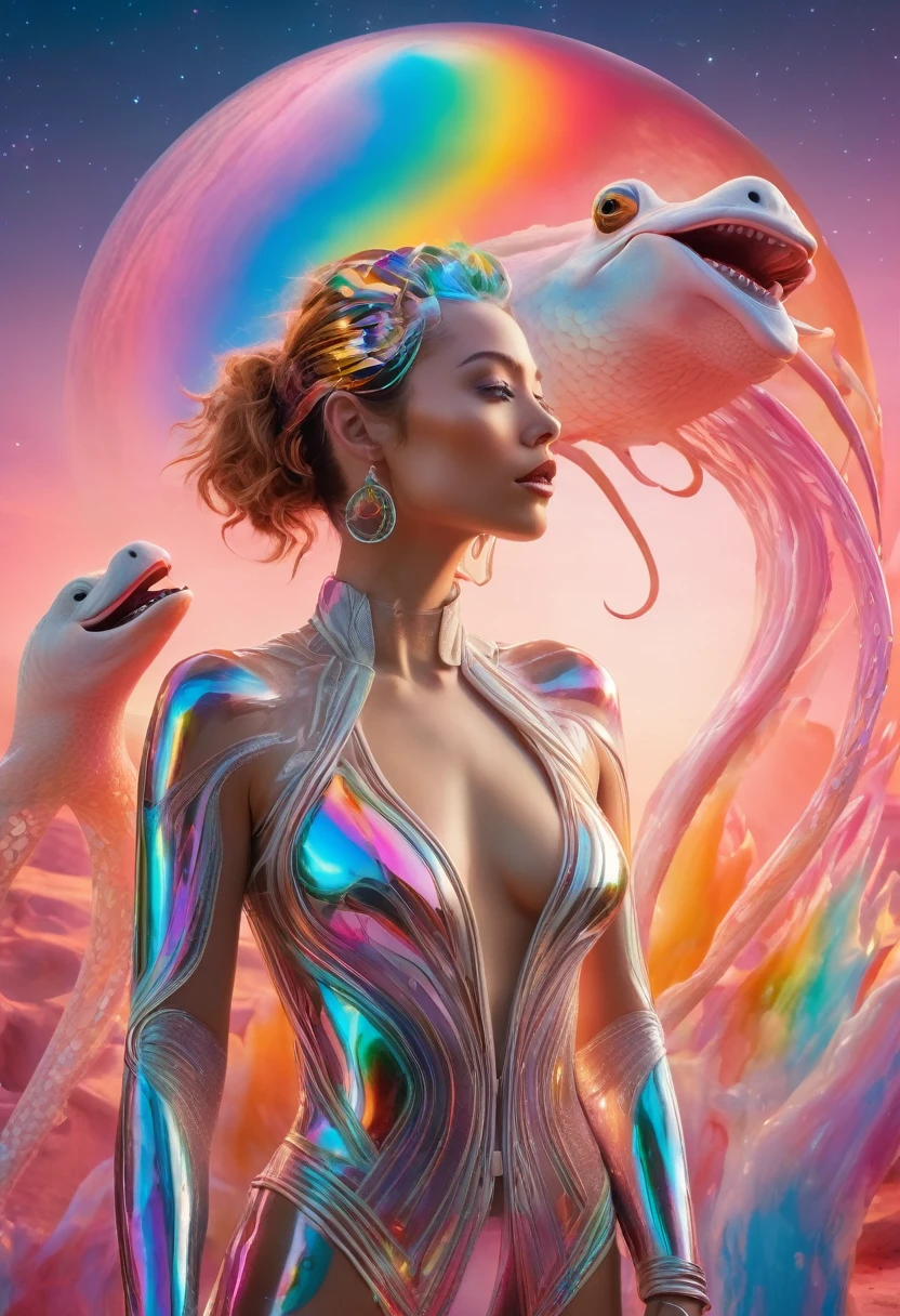 Hyperrealistic full body shot from 2024 of attractive beautiful and exquisite standing woman in the space with a white beautiful skin, it is located in a colorful futuristic Olympe. there are all kinds of weirdly things. the multi-colored sky is separated into two parts separated by a neon rainbow line, one side is red and the other side is black with multicolor stars. the moon is on the left of the sky and the sun is on the rightof the sky. the men is in the center of the photo with cut revealing pink muscles. Bone, tentacles, sworm, bird, pig, walrus tusk, 3 women's faces, 3 eyes on the fingers, 2 mouth on the right at the bottom. Fingers on her head with an glass skin and. Pastel fluorescent iridescent space background inside. In the style of H.P Ginger