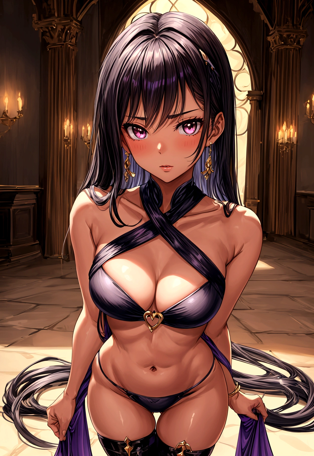 (crisscross bikini crop top, thong, thigh high pantihose ),gorgeous, masterpiece, best quality, high-resolution, finely detailed, extremely detailed and beautiful, distinct-image, 1 girl, , solo, sharp facial features, oval shaped face. cherry pink lips, lightly tanned white skin. velvet-colored eyes, C-cup breasts, tall height(175cm), slim yet chiseled body type, short shoulder length dark violet-black hair, small narrow waist, long and slender legs, curvy wide hips, elegant Gothic training courtyard setting, rear view