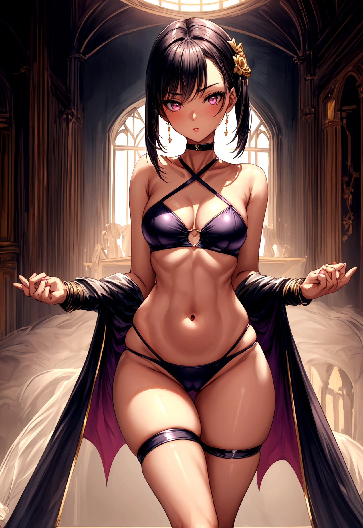 (crisscross bikini crop top, thong, thigh high pantihose ),gorgeous, masterpiece, best quality, high-resolution, finely detailed, extremely detailed and beautiful, distinct-image, 1 girl, 16 year old ager, solo, sharp facial features, oval shaped face. cherry pink lips, lightly tanned white skin. velvet-colored eyes, C-cup breasts, tall height(175cm), slim yet chiseled body type, short shoulder length dark violet-black hair, small narrow waist, long and slender legs, curvy wide hips, elegant Gothic training courtyard setting, rear view