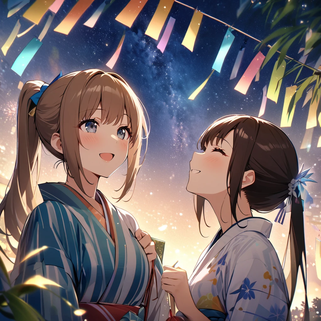 Highest quality, masterpiece, Hikoboshi and Orihime, The best smile, Look up at the sky,Brown Hair、ponytail、 yukata, milky way, Night view, Tanabata Festival,Many Stars々、The stars shine beautifully、Vast Universe、 Large bamboo and colorful hanging ornaments,Golden light particle effect, Japanese Events、Tanabata decoration、Bamboo、wish