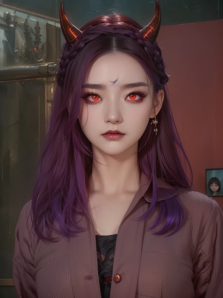 a close up of a woman with horns and a purple hair, (red eyes:1.5) , dark piercing eyes, devious evil expression, character close up, piercing gaze, ( ( deep black eyes ) ), cat - like scarlet eyes, cruel korean goth girl, with long hair and piercing eyes, close up character, glowing ember eyes, character close-up