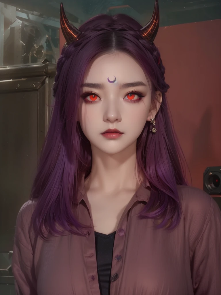 a close up of a woman with horns and a purple hair, (red eyes:1.5) , dark piercing eyes, devious evil expression, character close up, piercing gaze, ( ( deep black eyes ) ), cat - like scarlet eyes, cruel korean goth girl, with long hair and piercing eyes, close up character, glowing ember eyes, character close-up