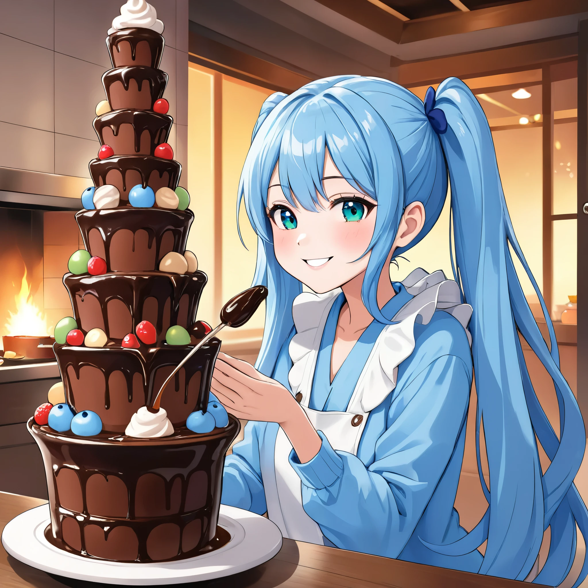 Light blue long hair、Beautiful girl with twin tails、Enjoying a large chocolate fondue tower、Bright smile
