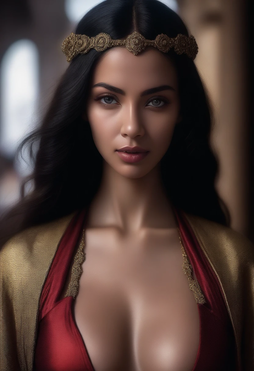 Masterpiece, high quality, 4K, beautiful design, shiny, award winning photo, extremely detailed, amazing, fine detail, absurdres, highly detailed woman, black hair, bare chest, bare breast, tanned skin, extremely detailed eyes and face, by lee jeffries nikon d850 film stock photograph 4 kodak portra 400 camera f1.6 lens rich colors hyper realistic lifelike texture dramatic lighting unrealengine trending on artstation cinestill 800 tungsten, 1girl, solo, expressive look,smiling, (puffy lips:1.155) HDR, highest quality, sharp focus, looking at viewer, facing viewer, 4k, blue eyes, woman wearing DNC_Glam, Egyptian clothing, red clothing, stygia, priestess,