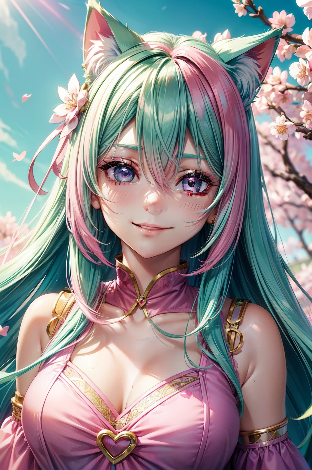 ((Pink green hair color)), pink eyes, woman, teal blue gold clothes,happy face, sexy outfit, cat ears, hearts, floating hearts, face only, long hair, smiling, cherry blossom, hair ornament, up close face, sexy clothes, sexy women , closed mouth smile, up close face