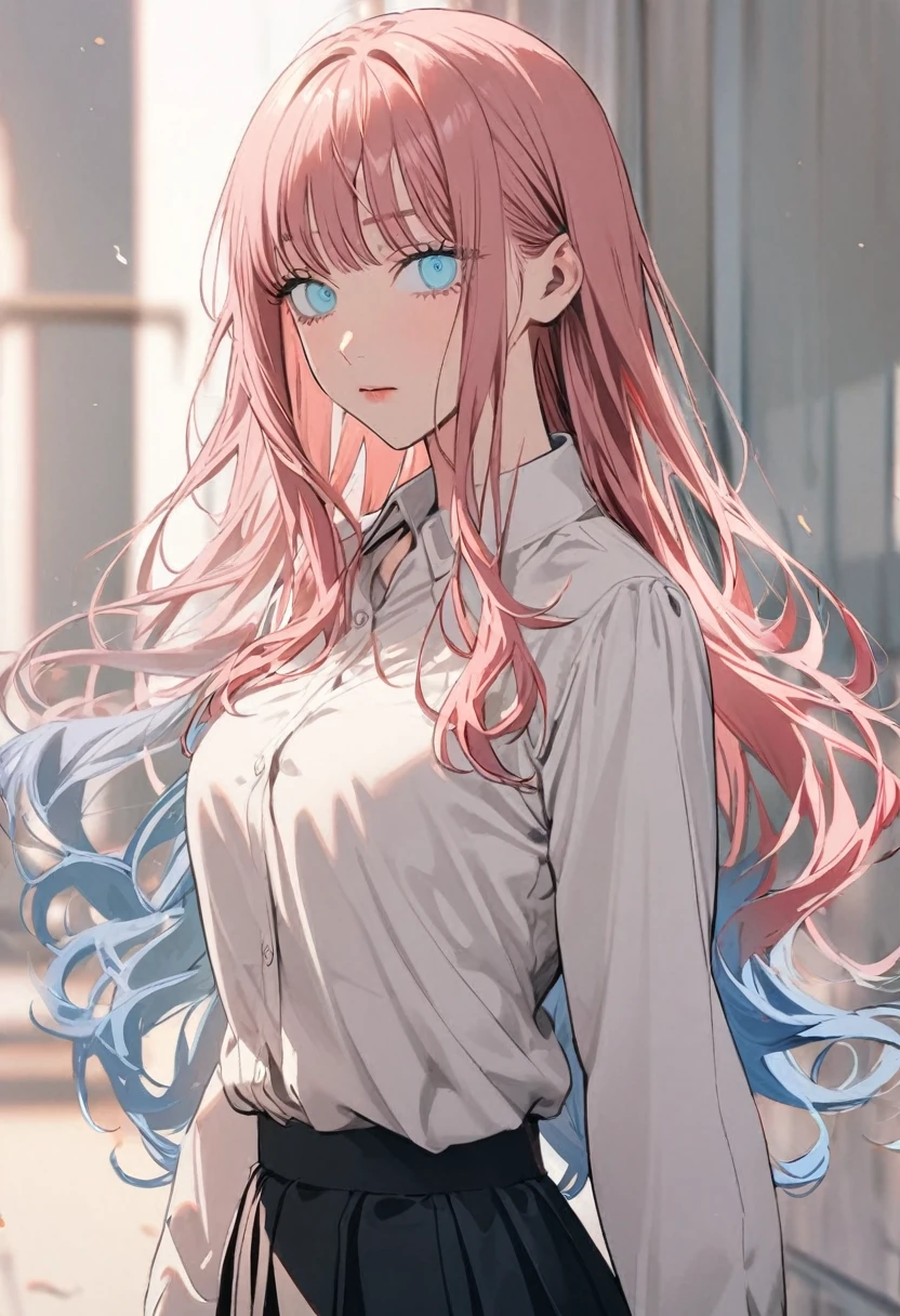 1 girl in chainsaw man style, long wavy hair, light pink hair, hair with blue tips, light blue eyes,((makima&#39;s eyes)),white blouse with a black tie,(big boobies), Black Skirt, pink shoe,stretching with hands up, face including, ssmile,(dentes pontudos)White background