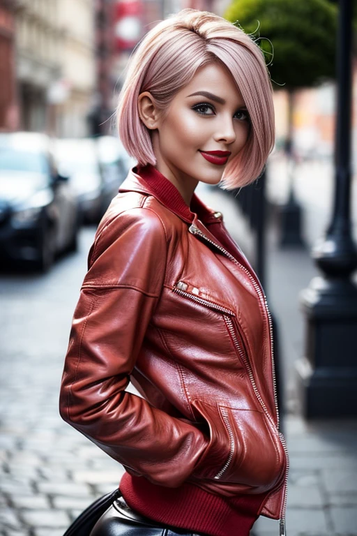 (masutepiece, Best Quality), ultra-detailliert, Photorealsitic, a short pink hair, beautiful female model, ((Coordinating sexy leather jackets)), leather pant, open-shirt, high-heels, a necklace, Ring Accessories, short Hair, Perfect face, Beautiful face, enticing, big gorgeous eyes, blue eyess, heavy make up, red-lips, seducting smile, Glamorous body, Voluptuous body, Big ass, down town, suggestive pose