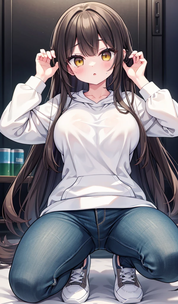 1older sister、Dark brown straight hair、Golden Eyes、17歳のolder sister、Sharp Eyes、Grey and white hoodie jumper、Grey Jeans、Black sneakers、Have acrobatic movements、Under her jersey she wears a white T-shirt that reveals her very large breasts.、ボン・キュッ・ボンの身体突きをしたolder sister、The body is slightly twisted.、Injecting green liquid into his chest、My breasts are getting bigger and bigger with the injections.