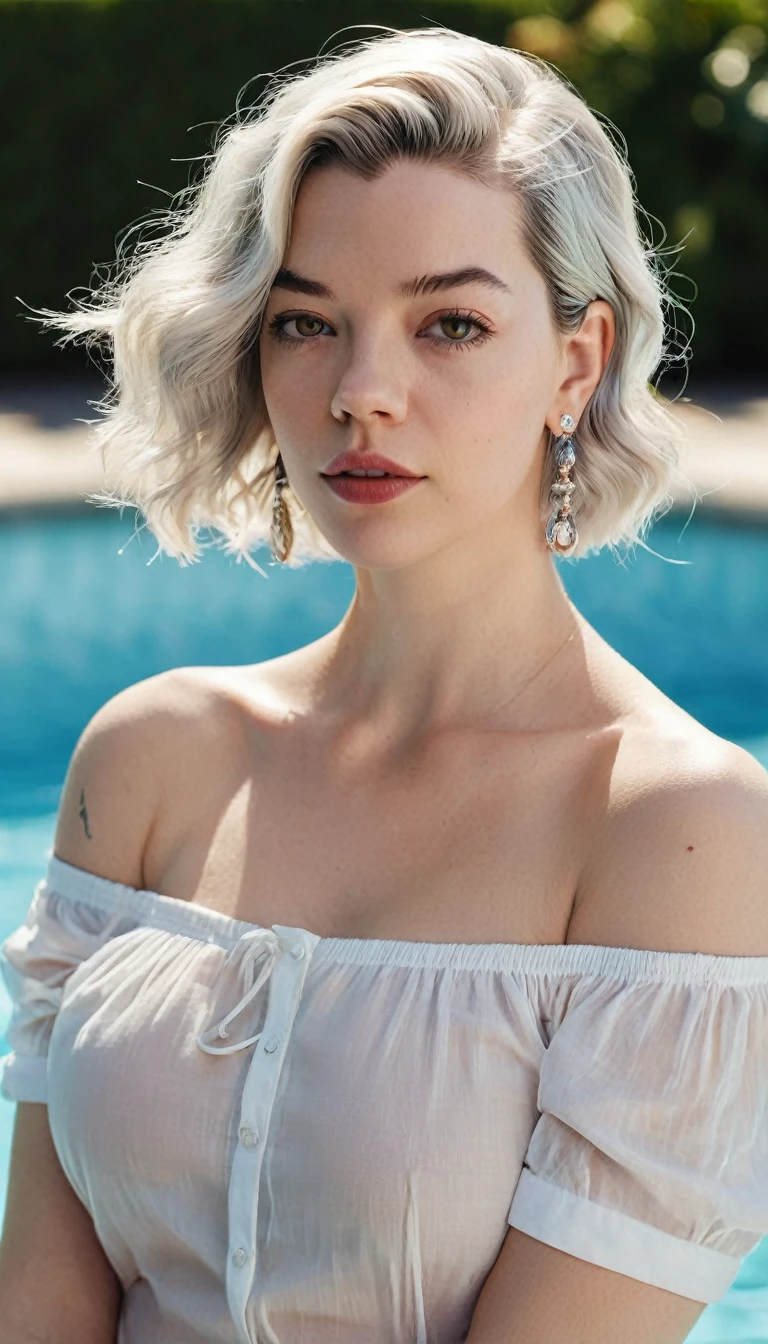 Full-length hyperrealistic photograph of a beautiful woman,model Anya Taylor-Joy, 33 years old, athletic body with cute tatoo, tatooed, full body, large view, white shirt, very light white grey hair, ((light and bright brown eyes)), small earring in right ear, very long eyelashes, sensual lips, provocative and expression. big breasts,, masterpeace, full realitic, sexy pose, perfecr proportion. Medium breast.background: swimingpool, natural light, sunlight