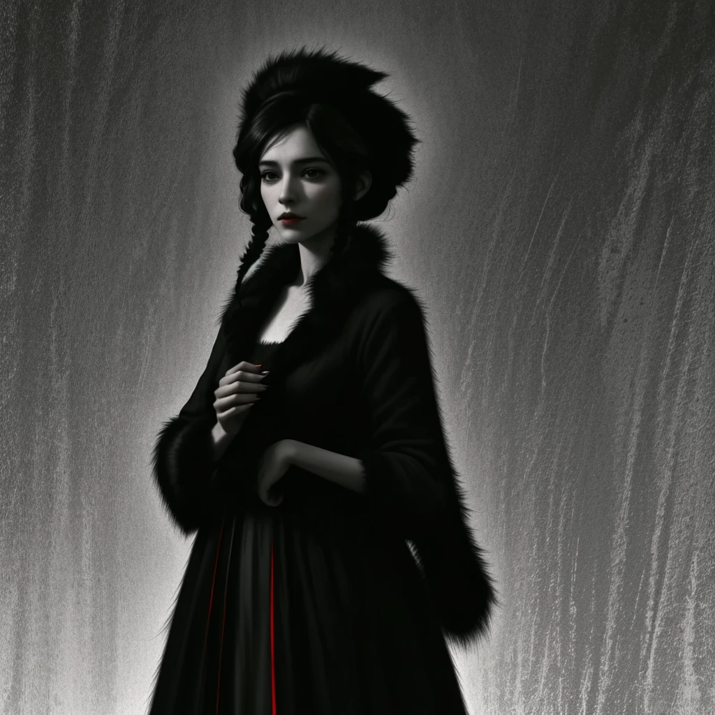 André Uhlisch - Art, black white red green, high contrast, national geographic photo image, digital painting of a standing woman beautiful, hand in hand with pet long fur