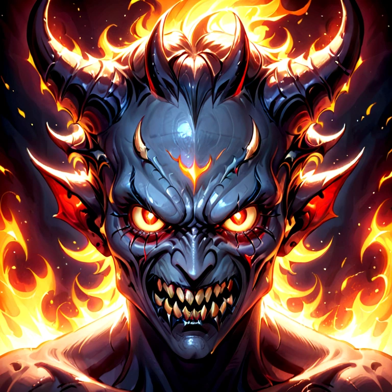 Face of a very grotesque demon with horns and many teeth too terrifying