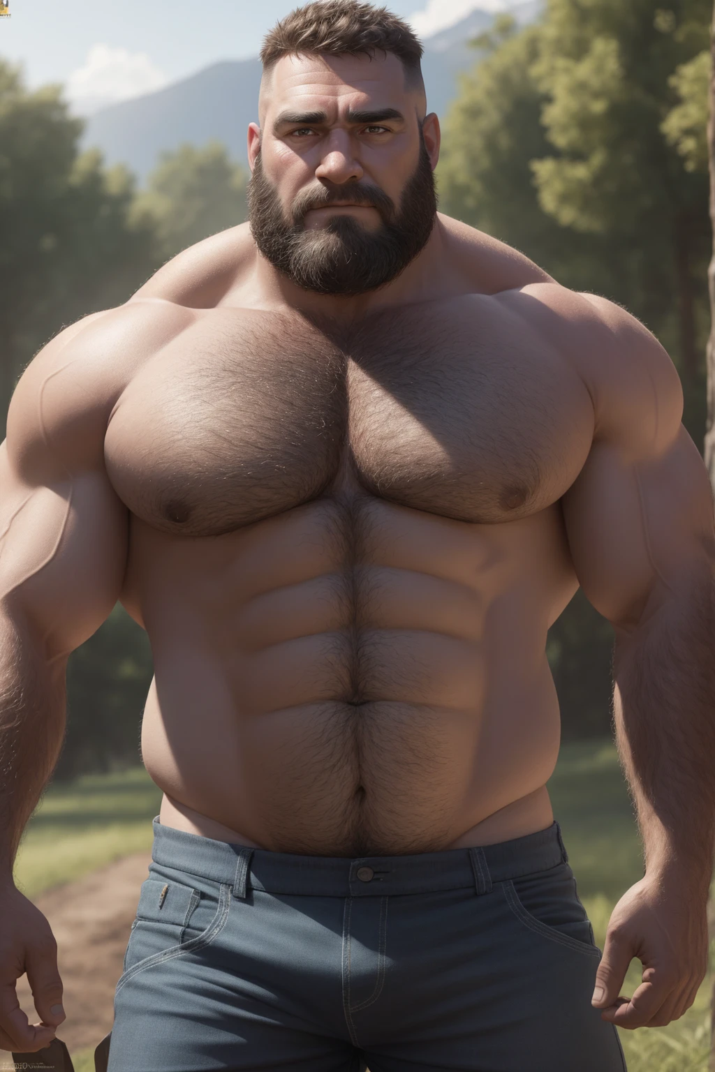8K HIGH RESOLUTION HDR Very Extremely Realistic Very Detailed High Quality Create a professional studio-style 8K HDR Very Real photograph featuring a middle-aged daddy rugged bodybuilder muscle bears man , burly, very realy detailed hairy, 8K very realistic beared big daddy muscle bear, and 8K very realistic detailed rugged burly man in shorts. Very Realistic detailed shorts, very realistic hair, very realistic beards, very realistic thick chubby fat neck, very realistic neck lines, very realistic detailed neck, very realistic belly, very realistic burly chest, very realistic detailed hairy burly strong chest and arms, very realistic detailed hairy burly strong chest and arms, very realistic pecs, very realistic burly muscle bear body, very realistic nipples, very realistic burly muscle bear body, very realistic face, very realistic detailed face, very realistic eyes, very realistic detailed eyes, very realistic pupils, very realistic detailed pupils, very realistic nose, very realistic ears, very realistic facial features, very realistic burly arms, very realistic elbows, very realistic hands, very realistic pecs, very realistic belly, very realistic human man body, very realistic bellybutton, very realistic wrists, very realistic fingers, very realistic fingernails, very realistic shoulders, very realistic mouth, very realistic lips, very realistic detailed skin, very realistic skin, very realistic mens clothing, very realistic detailed mens clothing. 8K HDR Very Realistic Hairy Bearded Burly Muscle bear Photoshoot, A very realistic burly muscle bear man in a Farm, 8K HDR Very Realistic Intricately Detailed, 8K HDR very realistic detailed Farm surroundings, 8K HDR very realistic surroundings lighting, No Deformities, captured with a 85mm lens by a world famous photographer, 8K HDR Very Ultra Realistic and 8K HDR Very Realistic Photograph, 8K HDR Clear HDR Quality full with very realistic real details