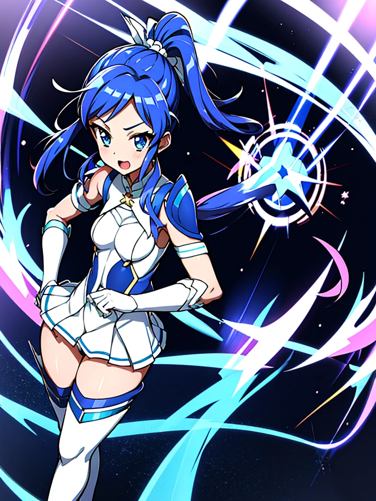 ,aikatsu,1 girls,in senki zesshou symphogear style , Blue long hair,Side Pony tail,Blue and White battle suit,BREAK,ultra-definition, high resolution, ultra-detail CG,caustics, Live stage, in front of super large vision, singing, stand microphone ,