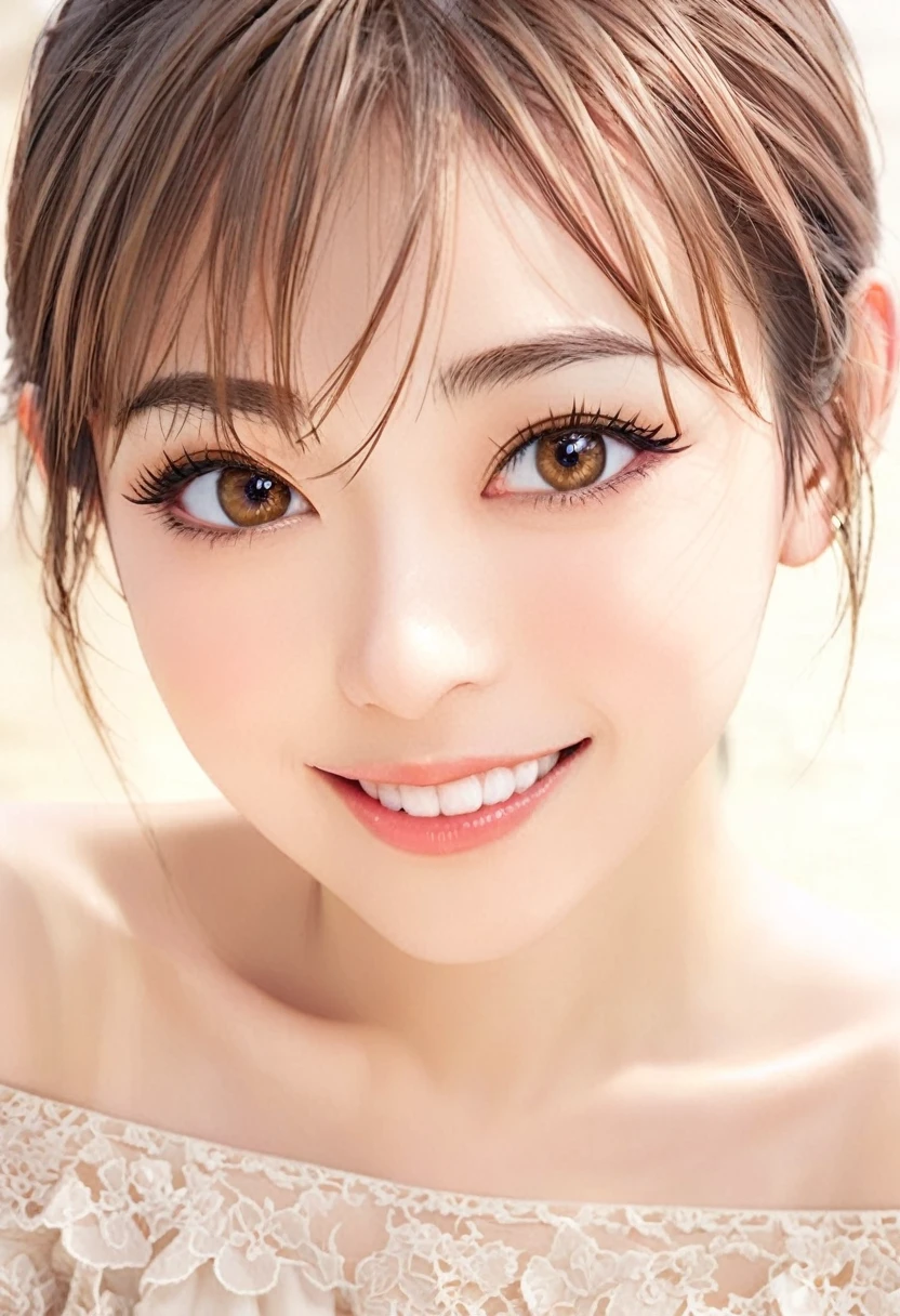 Tabletop, Highest quality, Realistic, Very detailed, finely, High resolution, 8k wallpaper, One beautiful woman,Thin face, Gorgeous light brown hair, Wearing an off-the-shoulder dress, Brown eyes、Sharp focus, Perfect dynamic composition, Beautiful and detailed, Thin Hair, Half open mouth、double eyelid、Symmetrical eyes、Perfect Makeup、eye shadow、Eyeliner、False eyelashes、Glossy Lips、Detailed Realistic skin texture, smile, Close-up photo with focus on face, Model Body Type,Cleavage、It is in the center of the photo