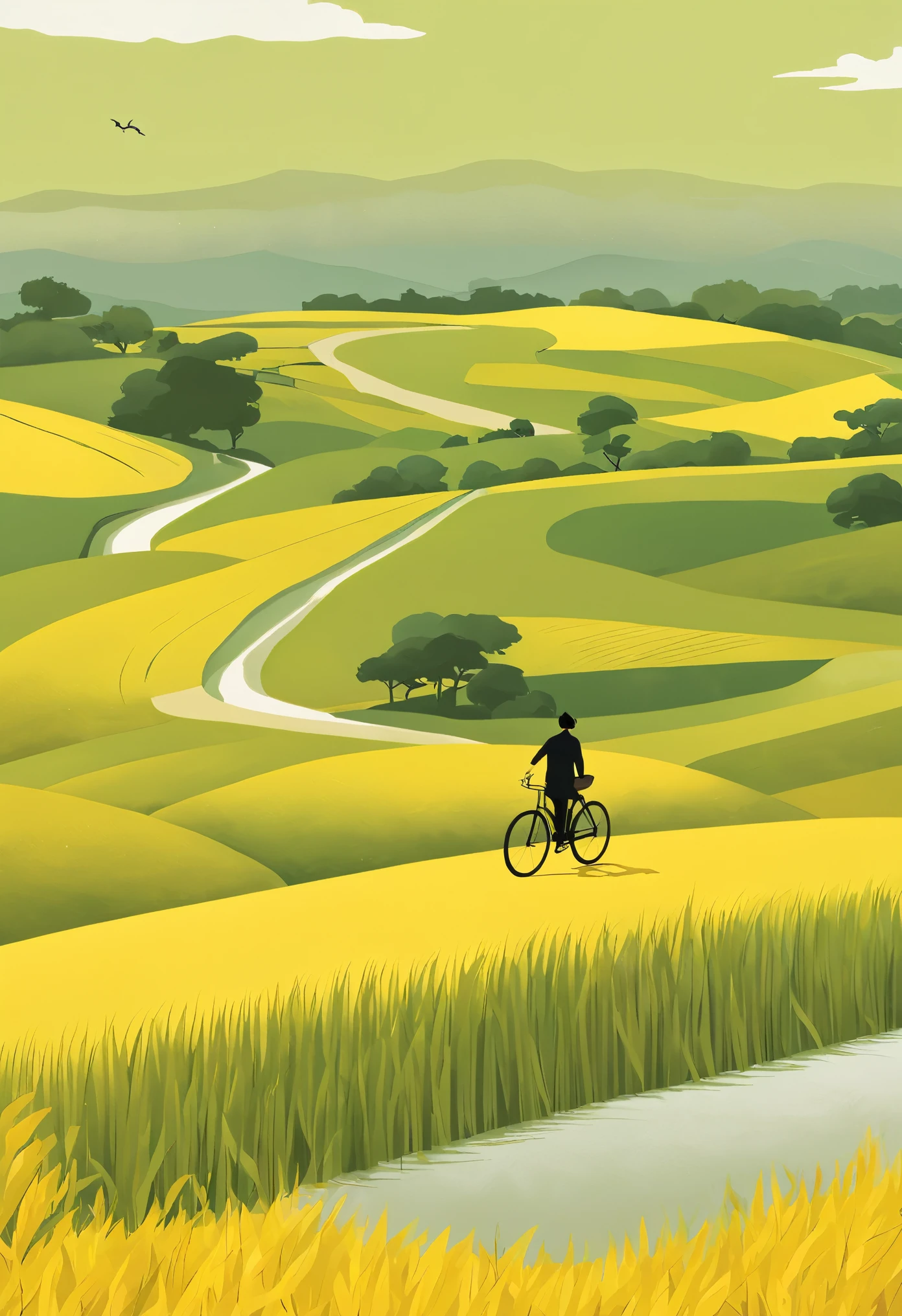 a beautiful illustration, Endless rice fields, half yellow half green, A boy riding a bike, Will Barnett (Will Barnet) modeling, Attached are 50D movie stills, Pastoral scenery, rural area, panoramic,