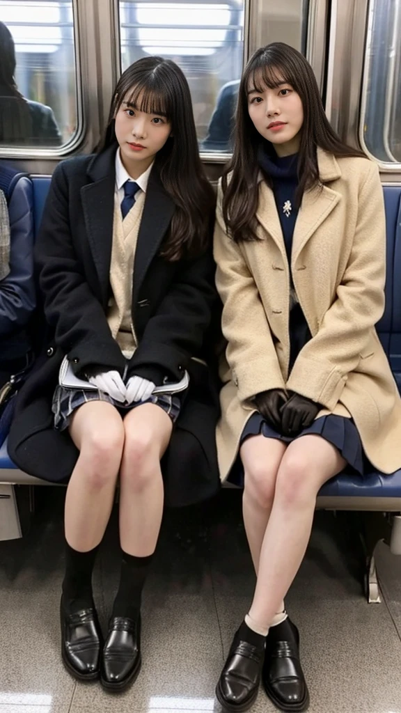 A photo of two adult Japanese high school students wearing leather shoes, duffle coats, and shiny thin black leather gloves.,Inside the train,Voyeur,Thick makeup face,Highly detailed face, Both of them have beautiful legs crossed,The person is making a disgusted face at the photographer..Smelly socks, ,Ultra mini skirt,lol,School Bags,This photo was taken in daylight with soft lighting...、The girls are sitting on train seats.。. This photo was taken by someone on their cell phone...、Apparently it was posted on Snapchat..。.